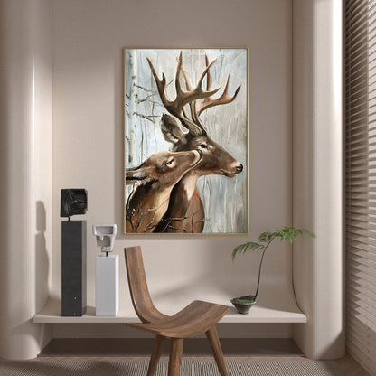Large Classical Deer Oil Painting on Canvas, Original Stag and Doe Canvas Wall Art, Modern Hand-painted Animal Painting for Living Room