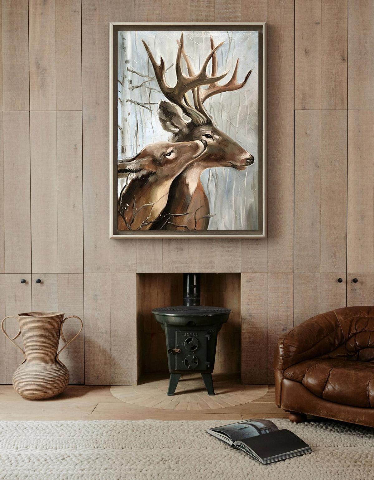 Large Classical Deer Oil Painting on Canvas, Original Stag and Doe Canvas Wall Art, Modern Hand-painted Animal Painting for Living Room