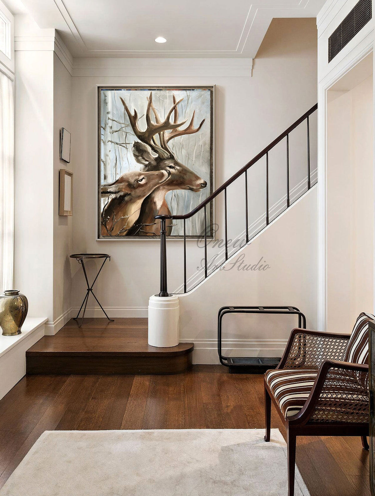 Large Classical Deer Oil Painting on Canvas, Original Stag and Doe Canvas Wall Art, Modern Hand-painted Animal Painting for Living Room