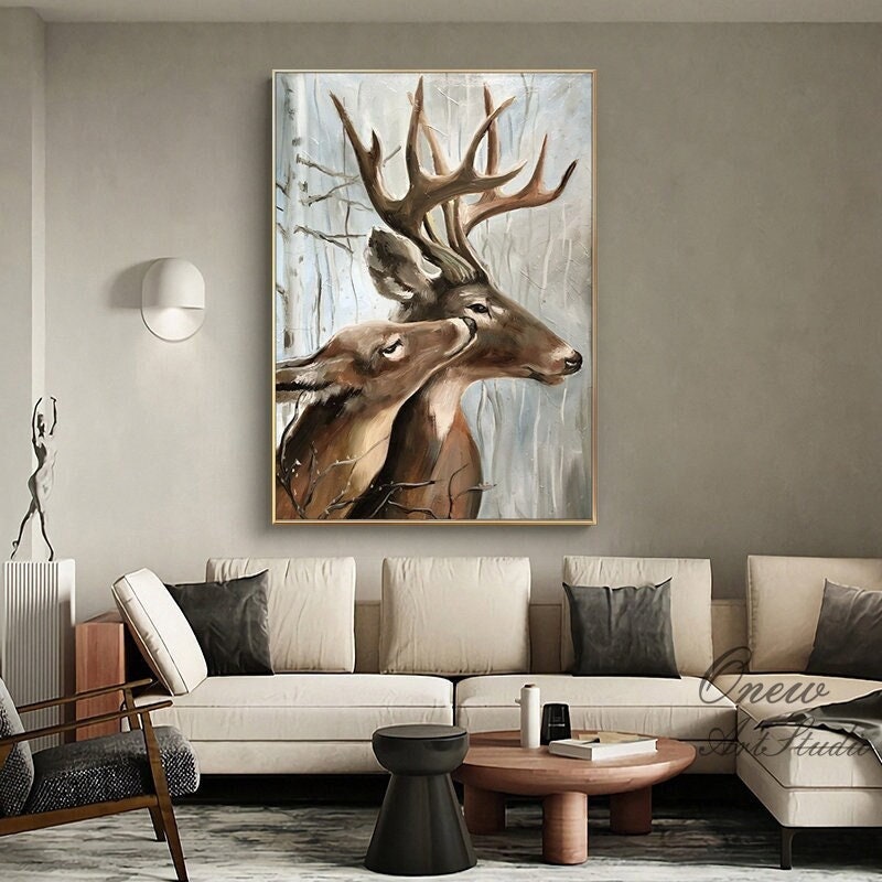 Large Classical Deer Oil Painting on Canvas, Original Stag and Doe Canvas Wall Art, Modern Hand-painted Animal Painting for Living Room