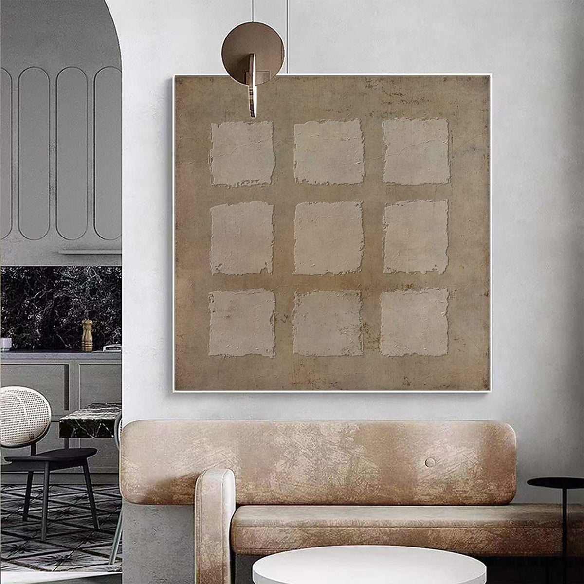 May include: Abstract art painting with a textured, beige background and nine square shapes in a grid pattern.