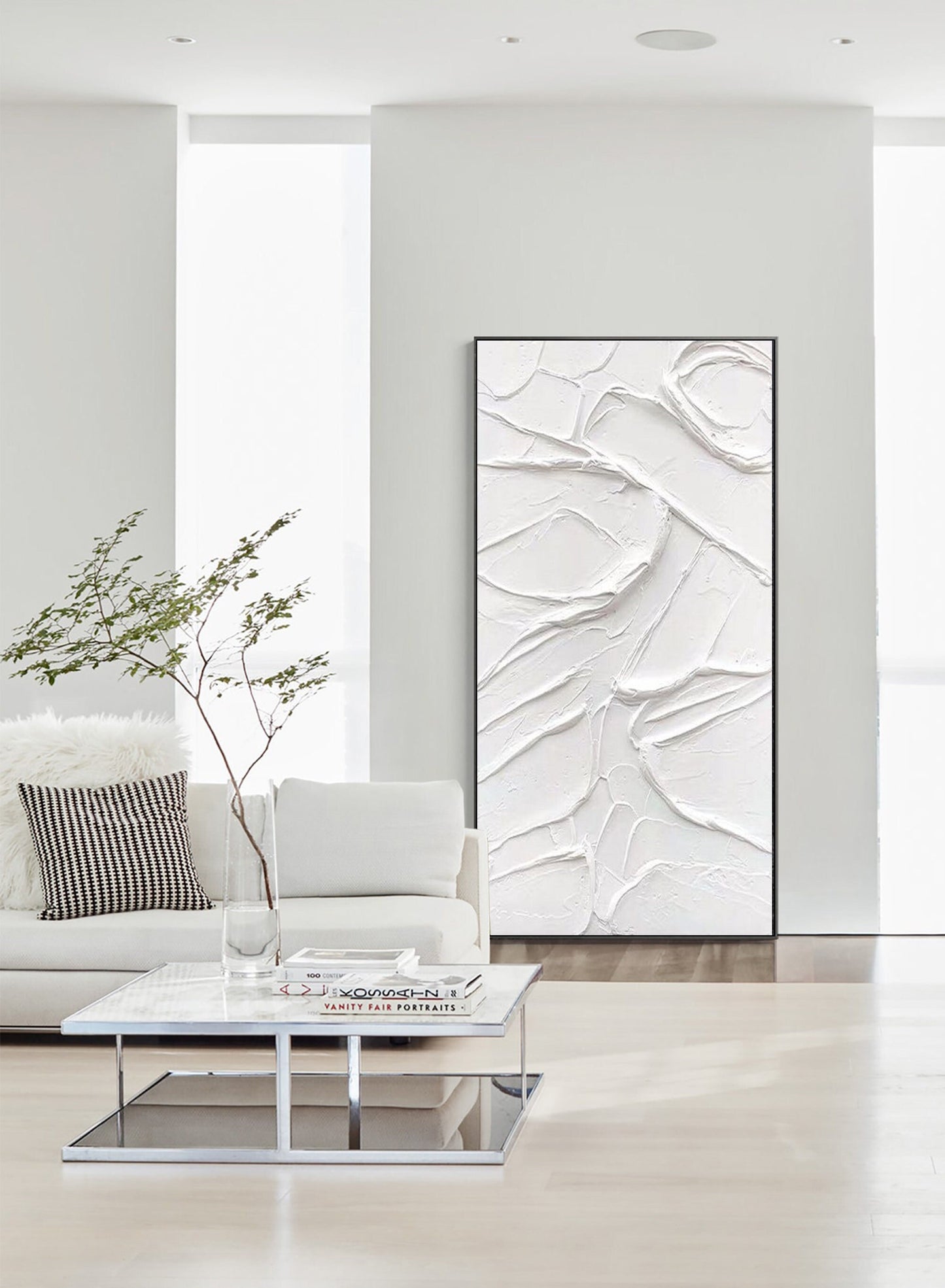 Textured White Plaster Wall Art – 3D Abstract Painting on Canvas