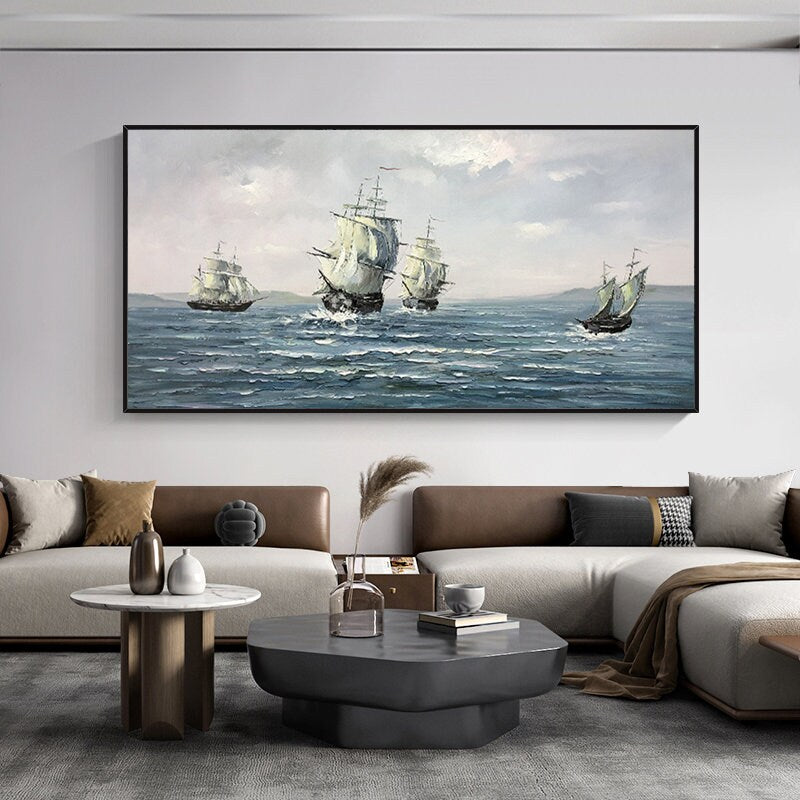 Abstract Sailboats Canvas Wall Art, Original Seascape Oil Painting on Canvas, Modern Ocean Wall Art, Large Nautical Painting for Living Room