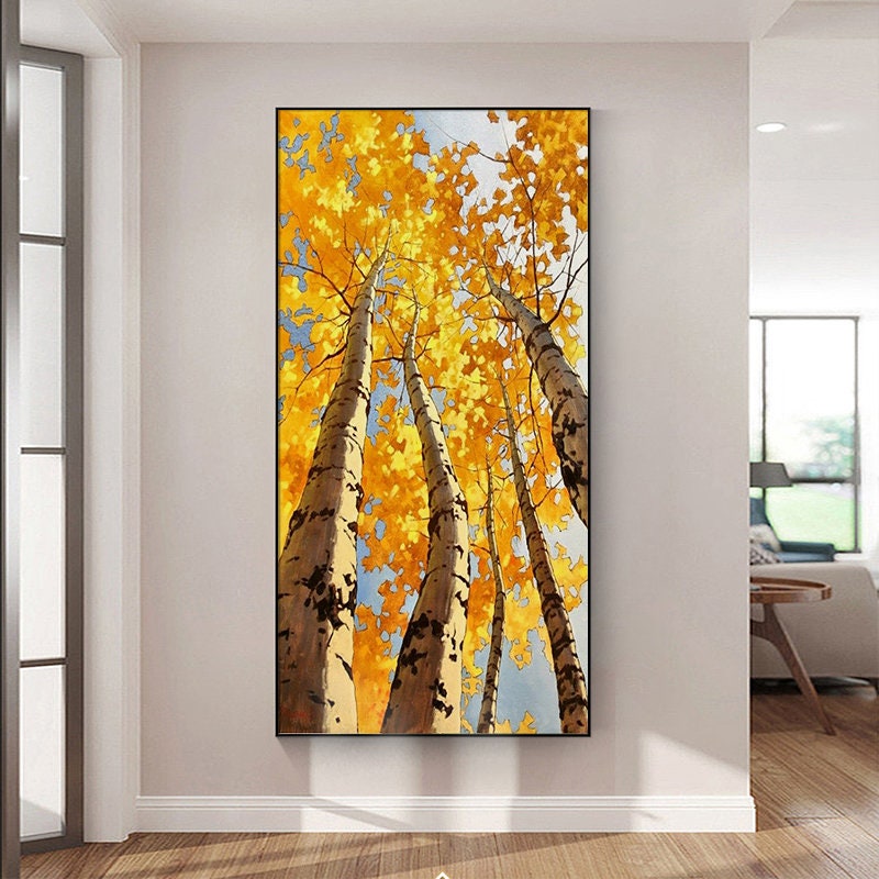 Abstract Birch Canvas Wall Art, Large Original Trees Oil Painting on Canvas, Modern Autumn Landscape Wall Art for Living Room, Bedroom Décor