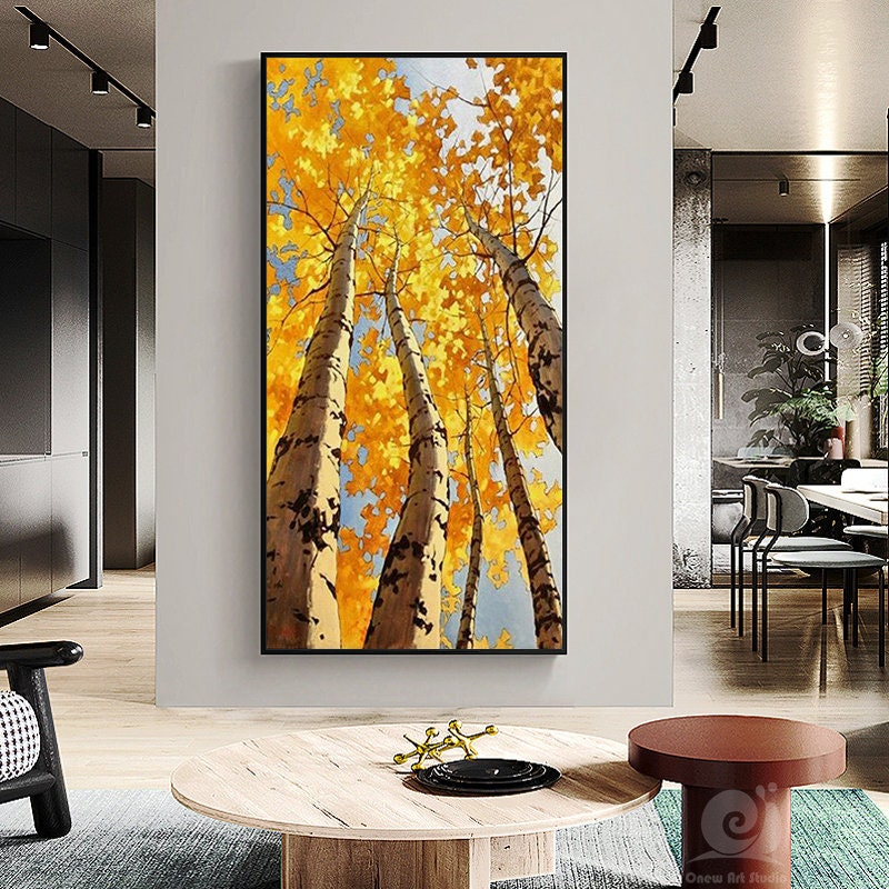 Abstract Birch Canvas Wall Art, Large Original Trees Oil Painting on Canvas, Modern Autumn Landscape Wall Art for Living Room, Bedroom Décor