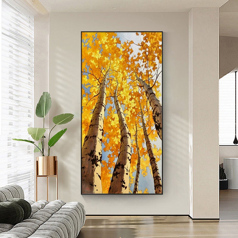 Abstract Birch Canvas Wall Art, Large Original Trees Oil Painting on Canvas, Modern Autumn Landscape Wall Art for Living Room, Bedroom Décor