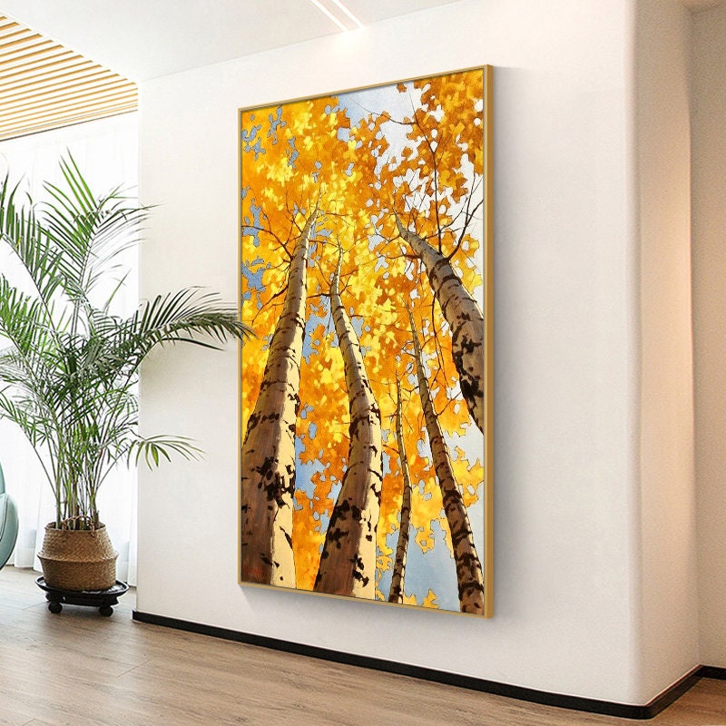 Abstract Birch Canvas Wall Art, Large Original Trees Oil Painting on Canvas, Modern Autumn Landscape Wall Art for Living Room, Bedroom Décor