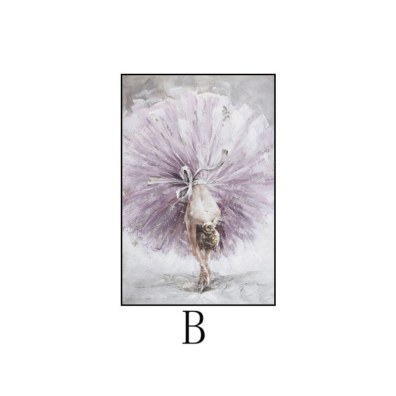 May include: A painting of a ballerina wearing a large, flowing purple tutu. The ballerina is bent over, with her head down, and her arms are outstretched.