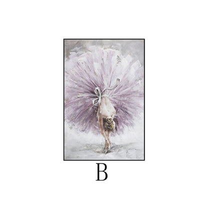 May include: A painting of a ballerina wearing a large, flowing purple tutu. The ballerina is bent over, with her head down, and her arms are outstretched.
