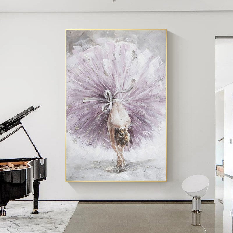 May include: A painting of a ballerina wearing a large, flowing purple tutu. The ballerina is bent over, with her head down, and her arms are outstretched. The background is a light gray color.