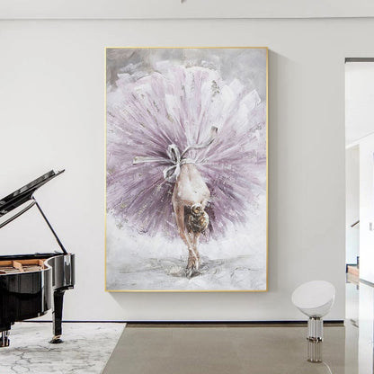 May include: A painting of a ballerina wearing a large, flowing purple tutu. The ballerina is bent over, with her head down, and her arms are outstretched. The background is a light gray color.