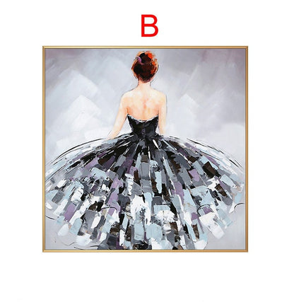May include: A painting of a woman in a black dress with a large, flowing skirt. The skirt is painted in shades of gray, blue, and purple. The woman is facing away from the viewer and her hair is pulled back in a bun.