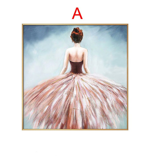 May include: A painting of a woman in a pink and white tulle dress, standing with her back to the viewer. The background is a light blue.