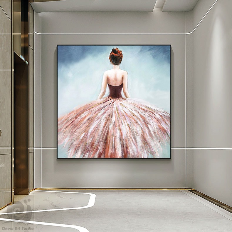 May include: A painting of a woman in a pink and white dress with her back to the viewer. The woman has red hair and is standing in front of a light blue background.