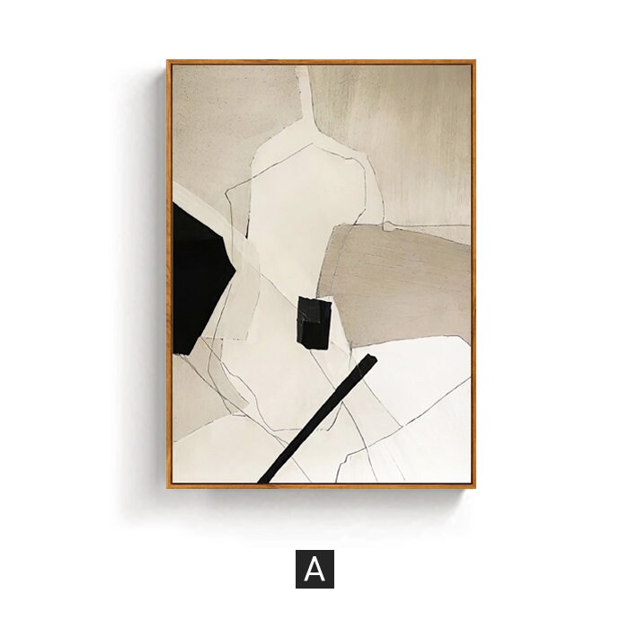 May include: Abstract art print with black and white lines and shapes on a beige background. The print is framed in a light wood frame.
