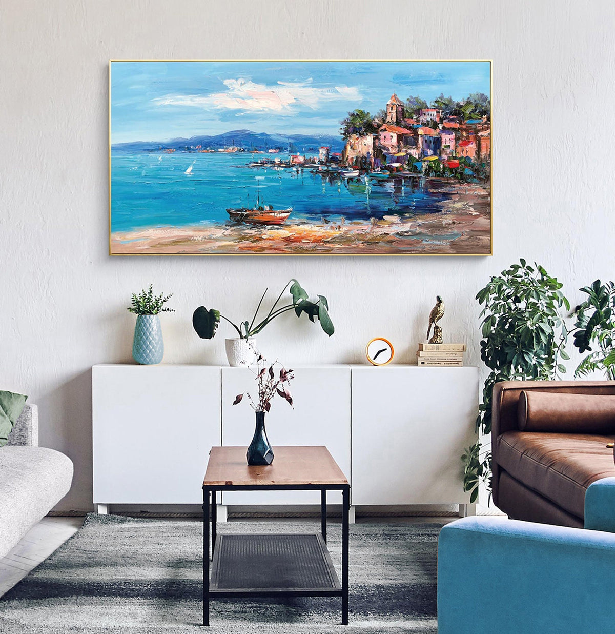 Impressionist Mediterranean-sea Oil Painting on Canvas, Large Original Coastal Cityscape Painting, Modern Seascape Wall Art for Living Room