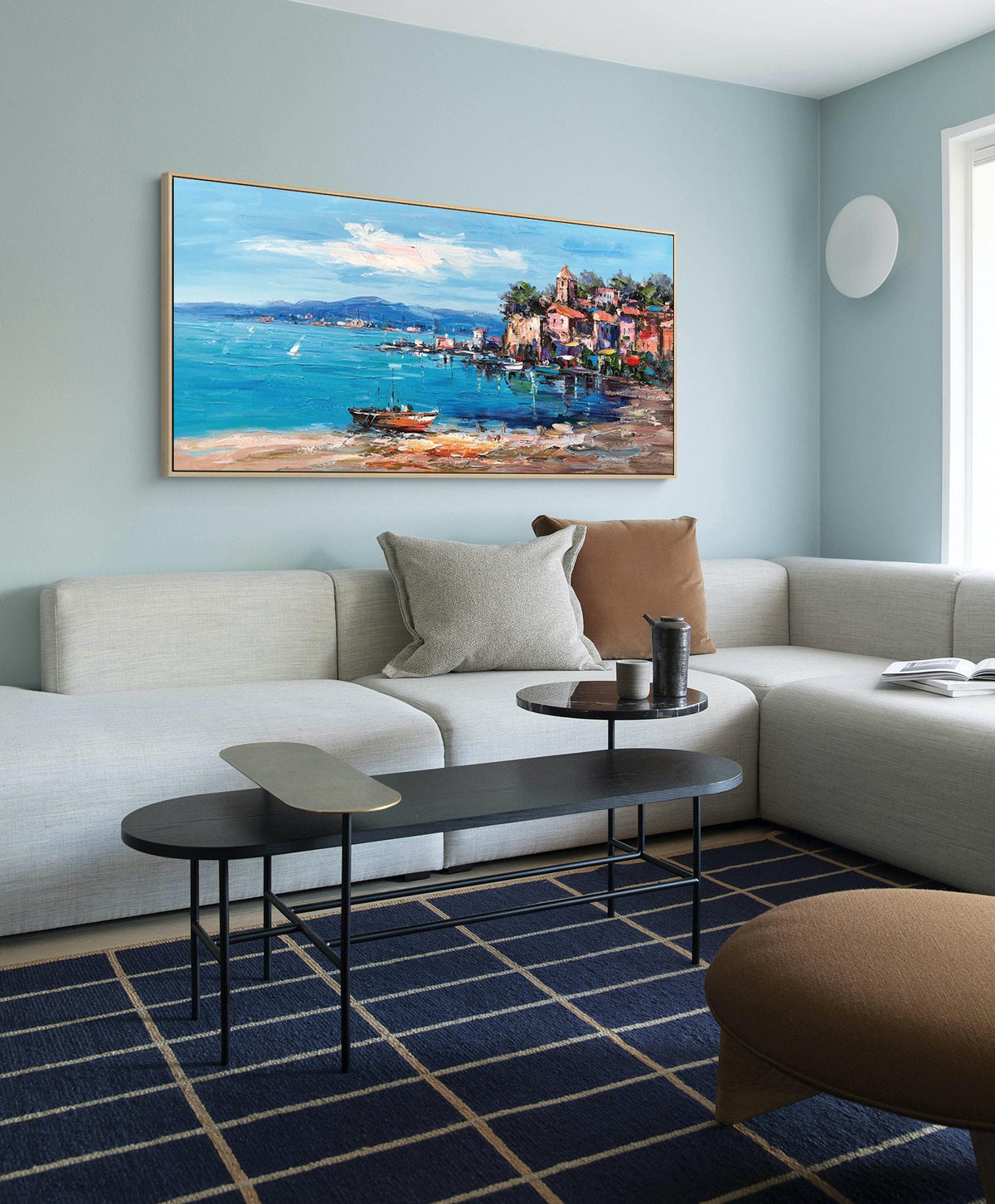 Impressionist Mediterranean-sea Oil Painting on Canvas, Large Original Coastal Cityscape Painting, Modern Seascape Wall Art for Living Room