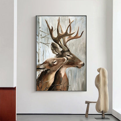 Large Classical Deer Oil Painting on Canvas, Original Stag and Doe Canvas Wall Art, Modern Hand-painted Animal Painting for Living Room