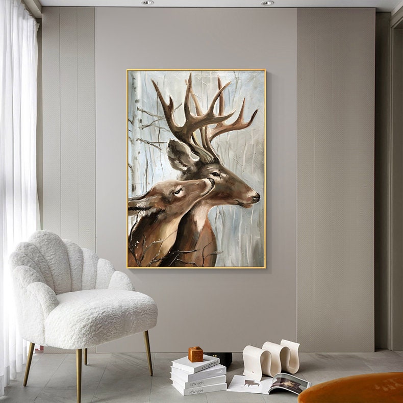 Large Classical Deer Oil Painting on Canvas, Original Stag and Doe Canvas Wall Art, Modern Hand-painted Animal Painting for Living Room
