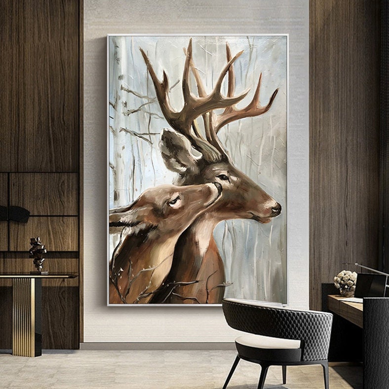 Large Classical Deer Oil Painting on Canvas, Original Stag and Doe Canvas Wall Art, Modern Hand-painted Animal Painting for Living Room