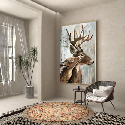Large Classical Deer Oil Painting on Canvas, Original Stag and Doe Canvas Wall Art, Modern Hand-painted Animal Painting for Living Room