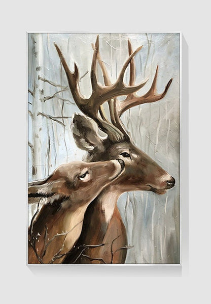 Large Classical Deer Oil Painting on Canvas, Original Stag and Doe Canvas Wall Art, Modern Hand-painted Animal Painting for Living Room