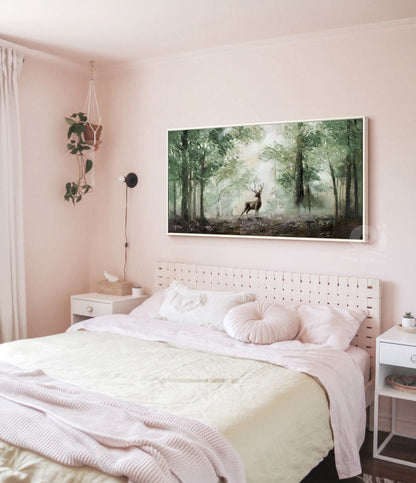 Impressionist Landscape Oil Painting on Canvas, Large Original Forest and Deer Canvas Wall Art,modern Tree and Stag Painting for Living Room