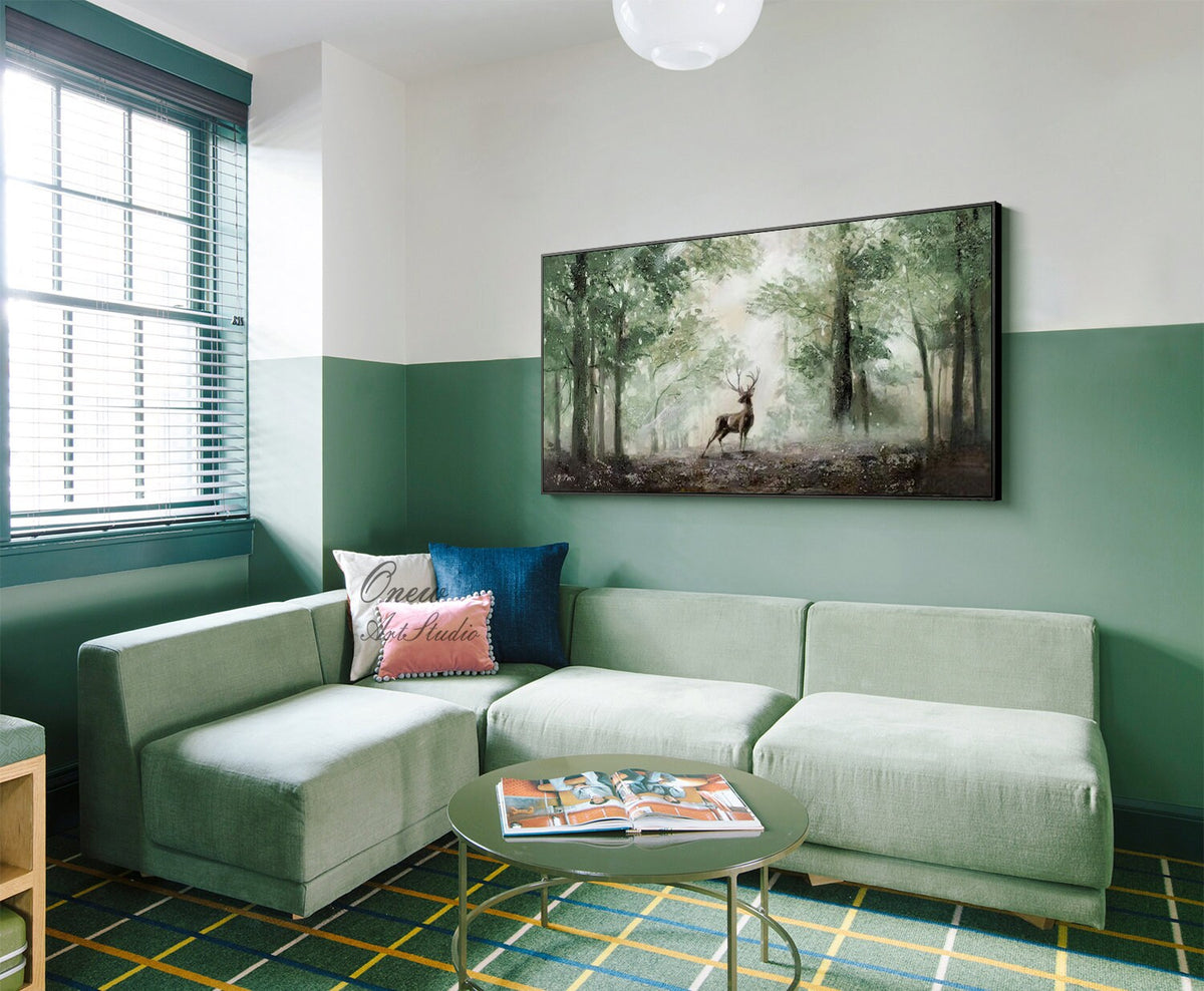Impressionist Landscape Oil Painting on Canvas, Large Original Forest and Deer Canvas Wall Art,modern Tree and Stag Painting for Living Room