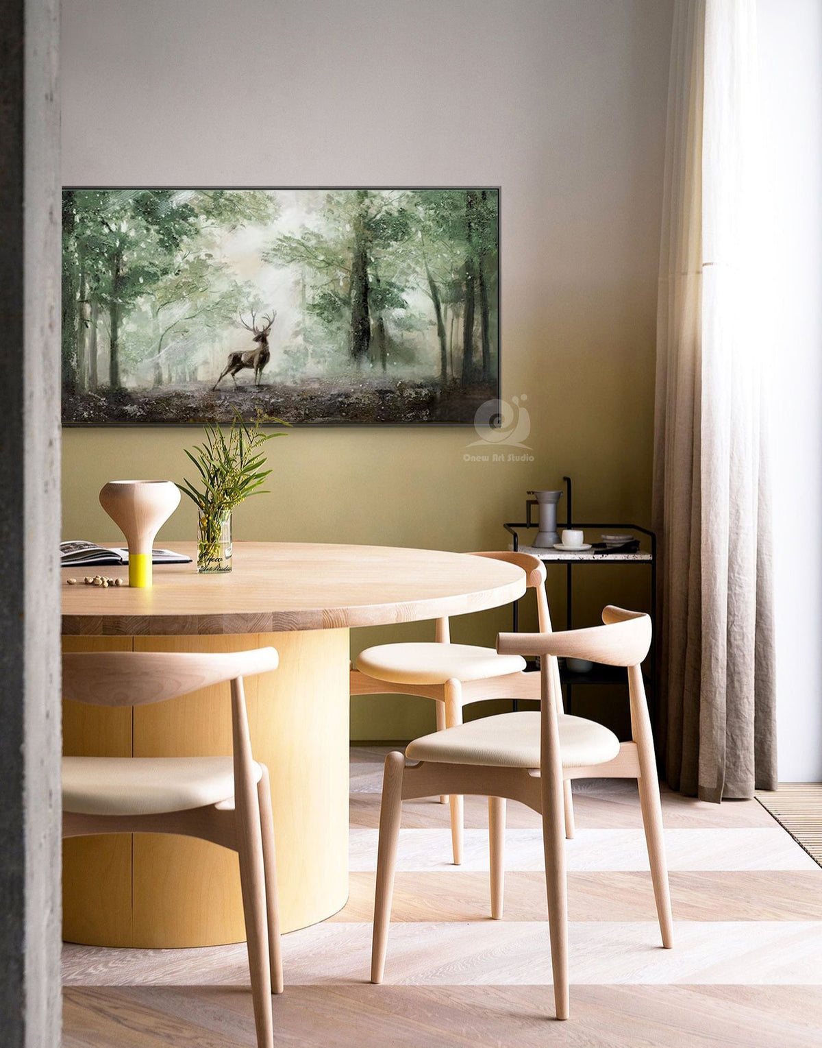 Impressionist Landscape Oil Painting on Canvas, Large Original Forest and Deer Canvas Wall Art,modern Tree and Stag Painting for Living Room