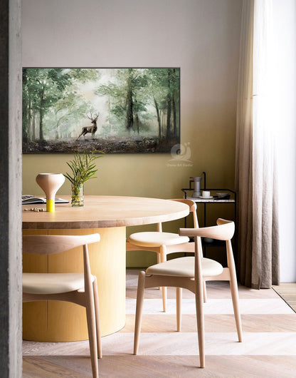 Impressionist Landscape Oil Painting on Canvas, Large Original Forest and Deer Canvas Wall Art,modern Tree and Stag Painting for Living Room