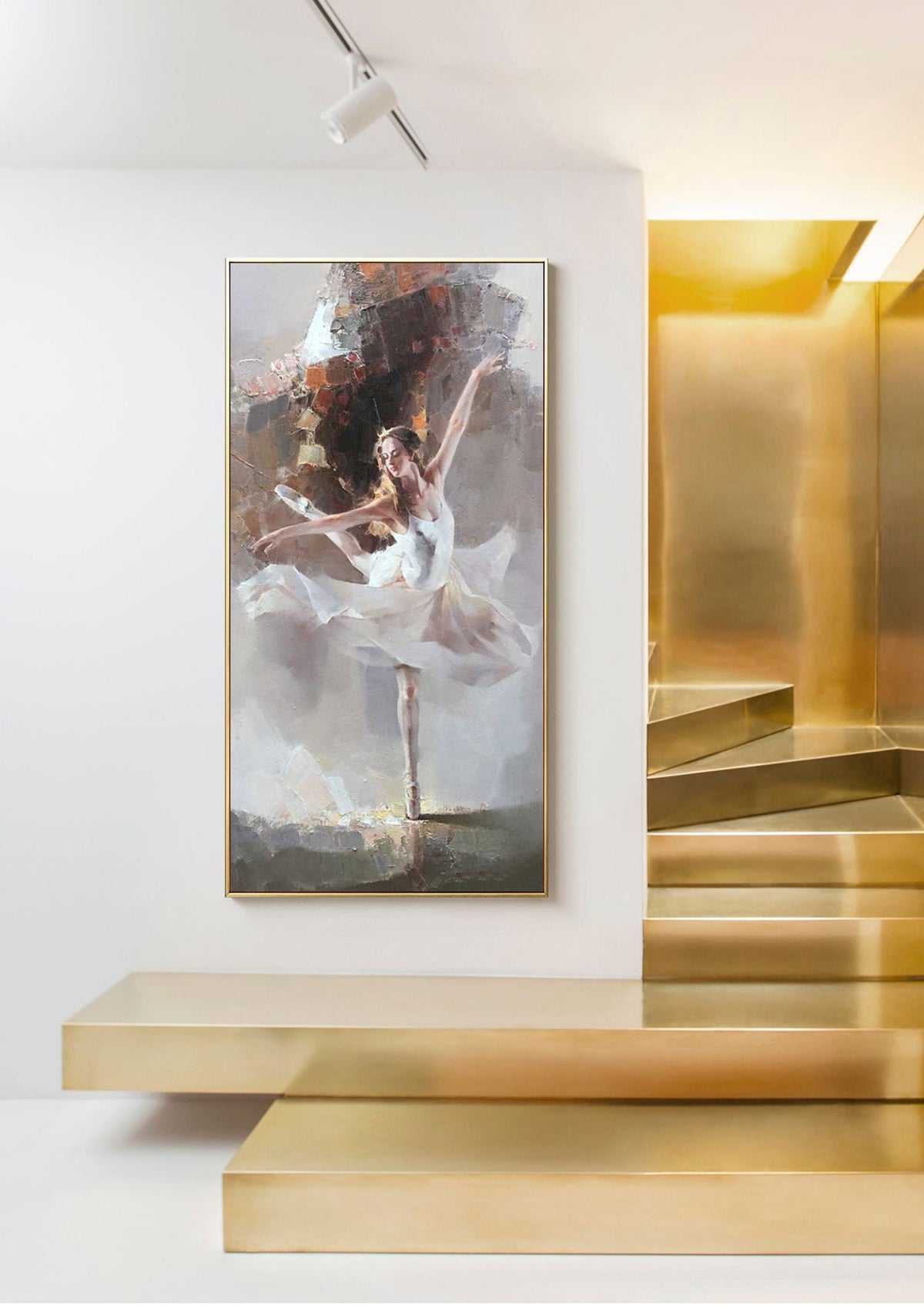 May include: A painting of a ballerina in a white tutu, with a soft, abstract background. The ballerina is in mid-air, with her arms outstretched and her legs in a graceful pose. The painting is framed in a gold frame.