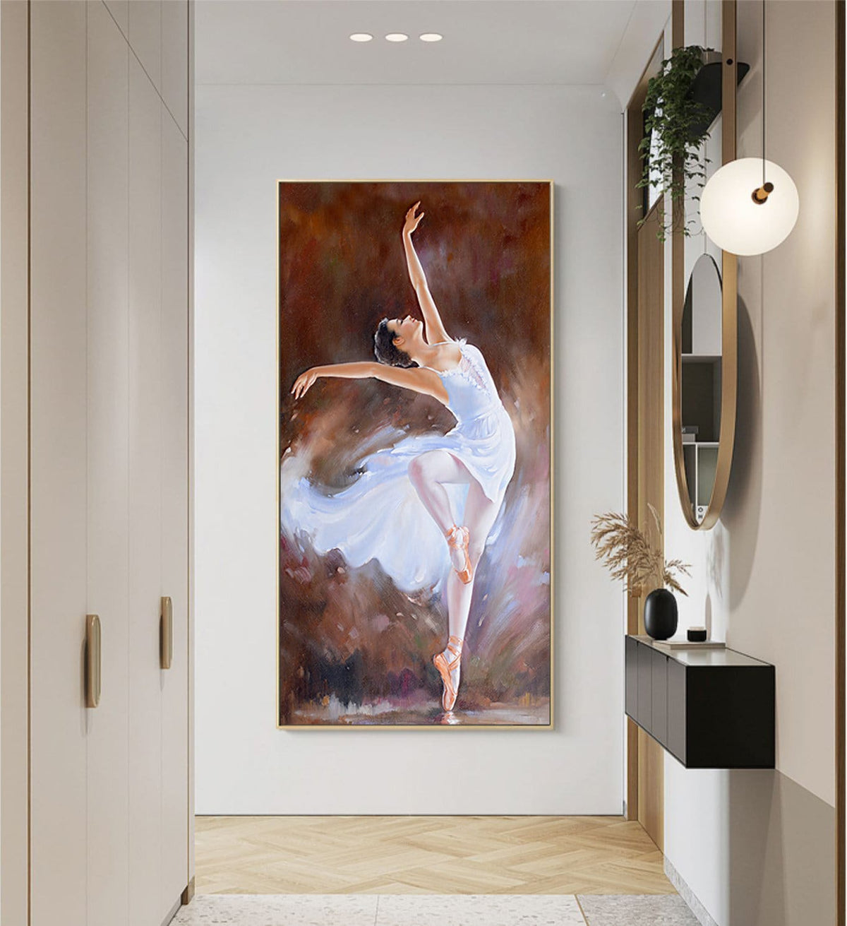 May include: A painting of a ballerina in a white tutu, with a brown background. The ballerina is on her toes, with her arms outstretched.