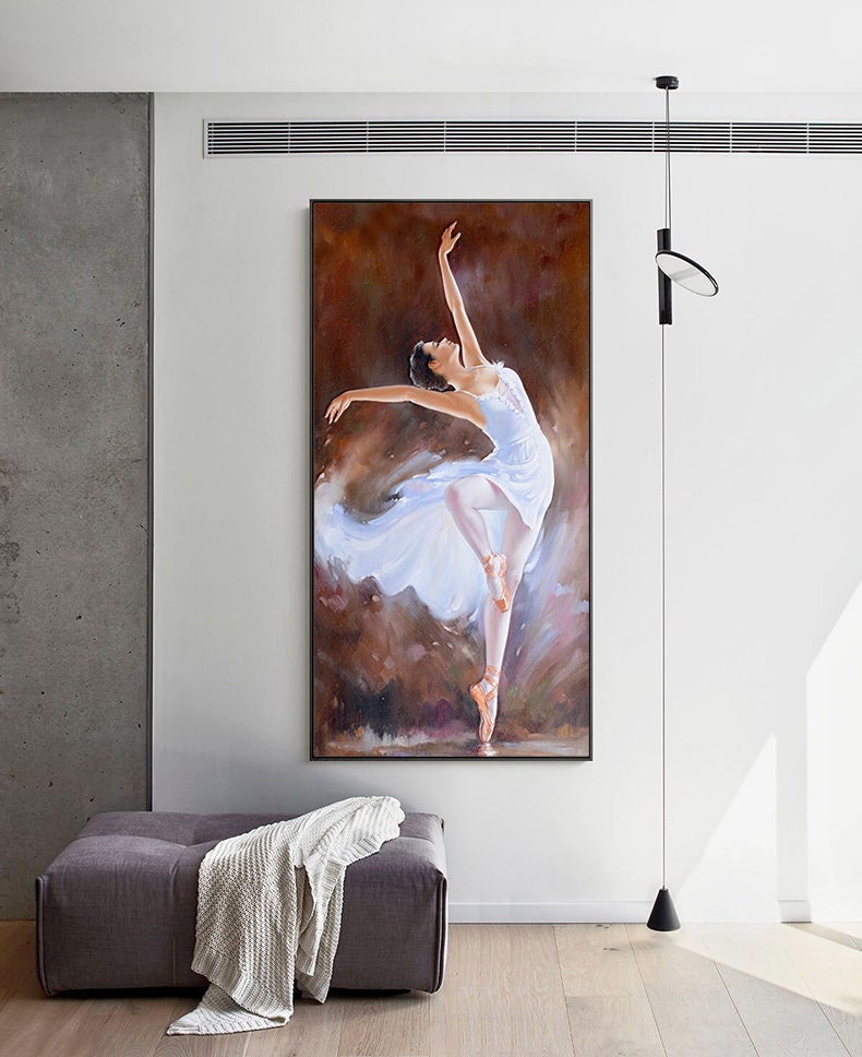 May include: A painting of a ballerina in a white tutu, dancing on a brown background.