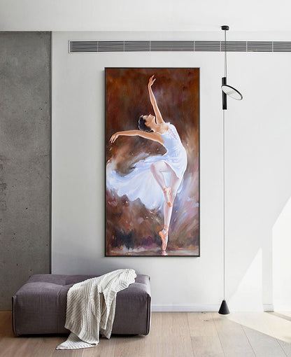 May include: A painting of a ballerina in a white tutu, dancing on a brown background.