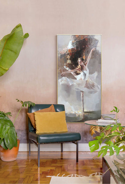 May include: A painting of a ballerina in a white dress, with a brown and gray background. The painting is framed in gold and hanging on a wall.