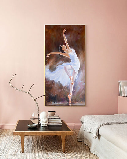 May include: A painting of a ballerina in a white tutu, dancing on a stage with a brown background.