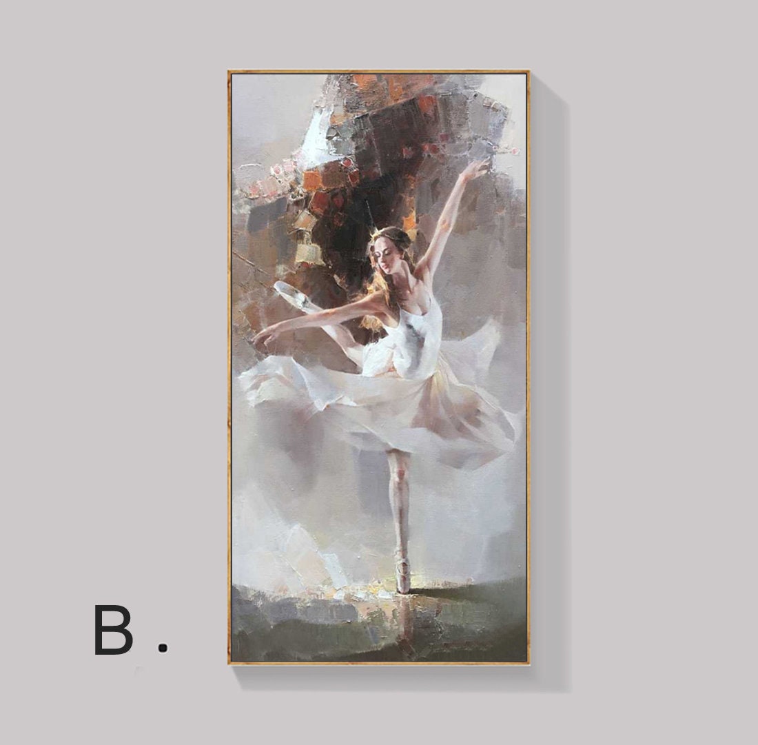 May include: A painting of a ballerina in a white tutu, with a soft, muted color palette. The ballerina is in mid-air, with her arms outstretched and her legs in a graceful pose. The background is a blurred, abstract design.