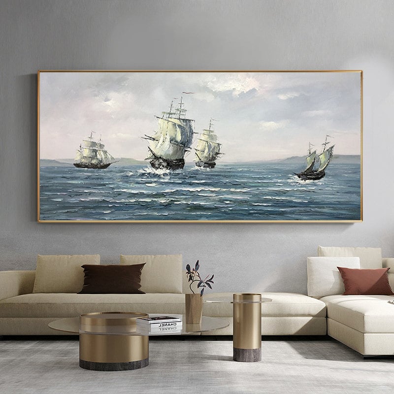 Abstract Sailboats Canvas Wall Art, Original Seascape Oil Painting on Canvas, Modern Ocean Wall Art, Large Nautical Painting for Living Room