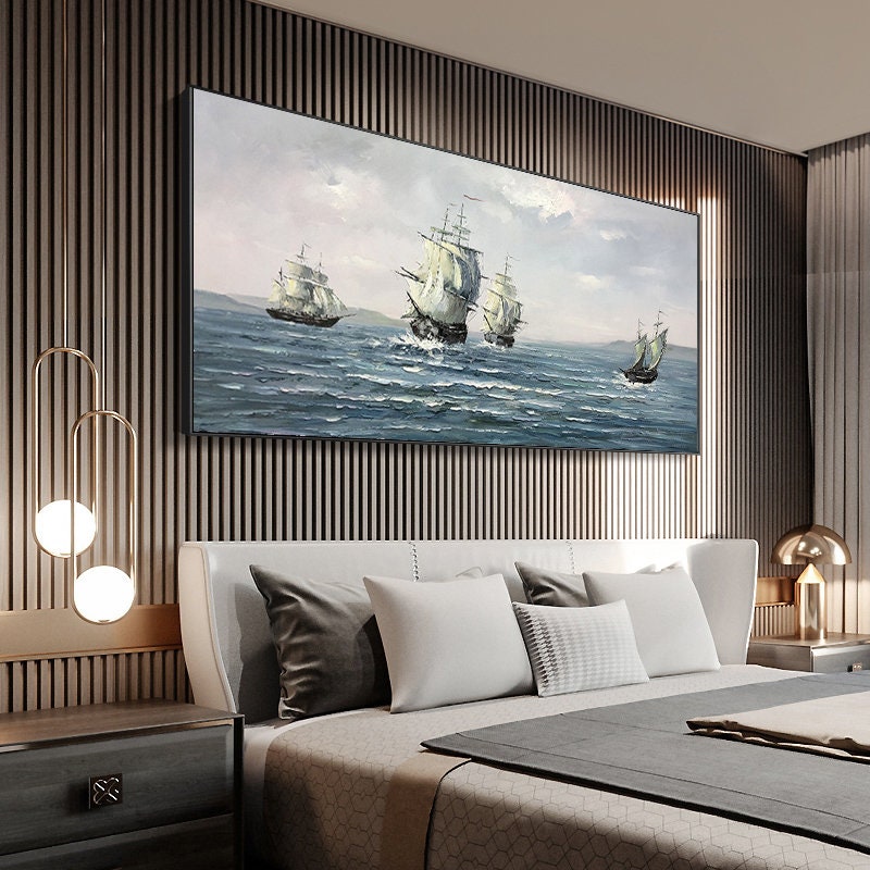 Abstract Sailboats Canvas Wall Art, Original Seascape Oil Painting on Canvas, Modern Ocean Wall Art, Large Nautical Painting for Living Room