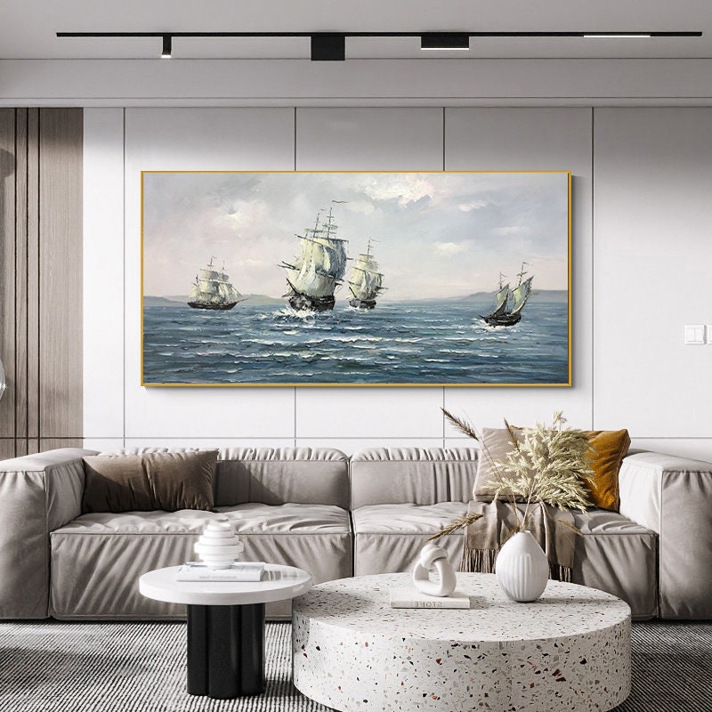 Abstract Sailboats Canvas Wall Art, Original Seascape Oil Painting on Canvas, Modern Ocean Wall Art, Large Nautical Painting for Living Room