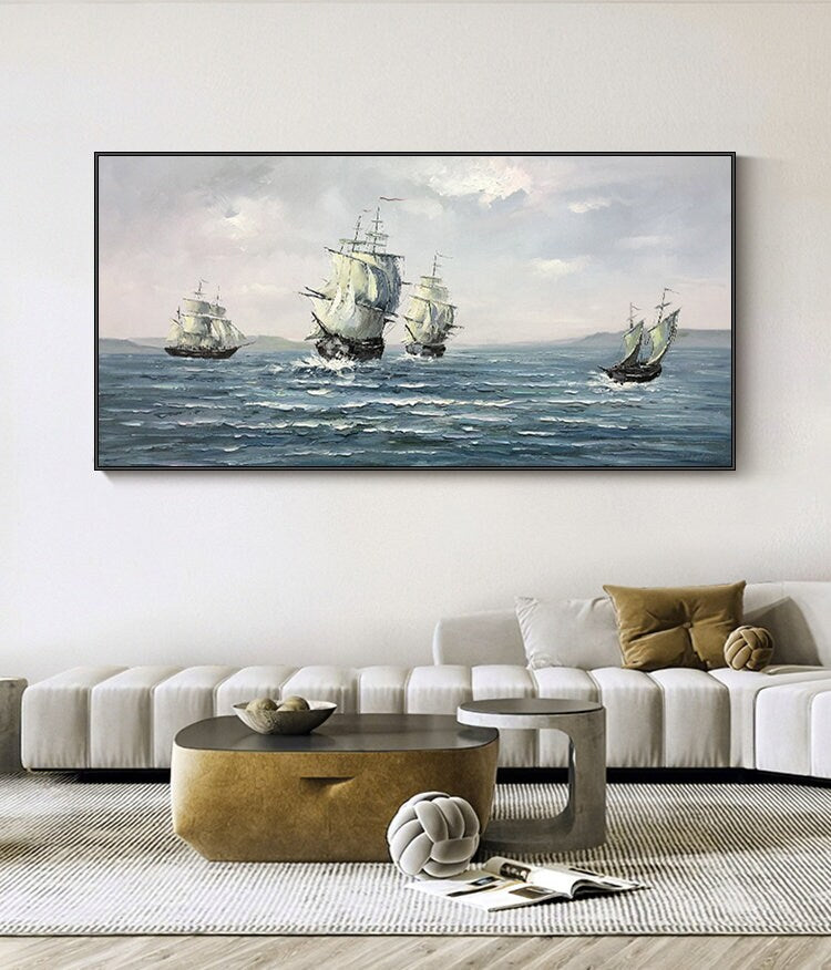 Abstract Sailboats Canvas Wall Art, Original Seascape Oil Painting on Canvas, Modern Ocean Wall Art, Large Nautical Painting for Living Room