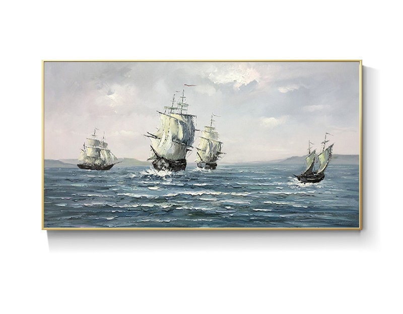 Abstract Sailboats Canvas Wall Art, Original Seascape Oil Painting on Canvas, Modern Ocean Wall Art, Large Nautical Painting for Living Room