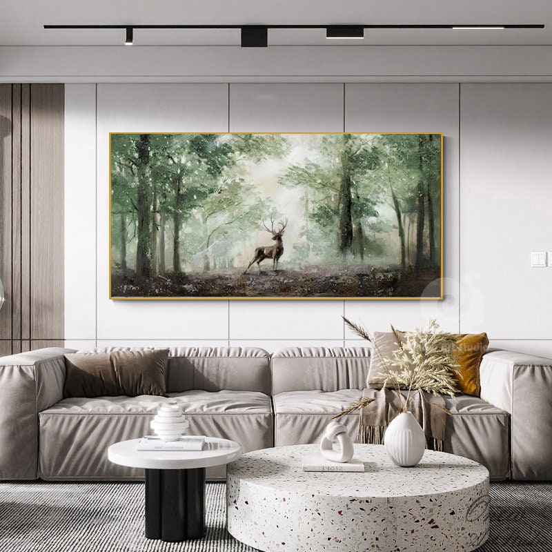 Impressionist Landscape Oil Painting on Canvas, Large Original Forest and Deer Canvas Wall Art,modern Tree and Stag Painting for Living Room