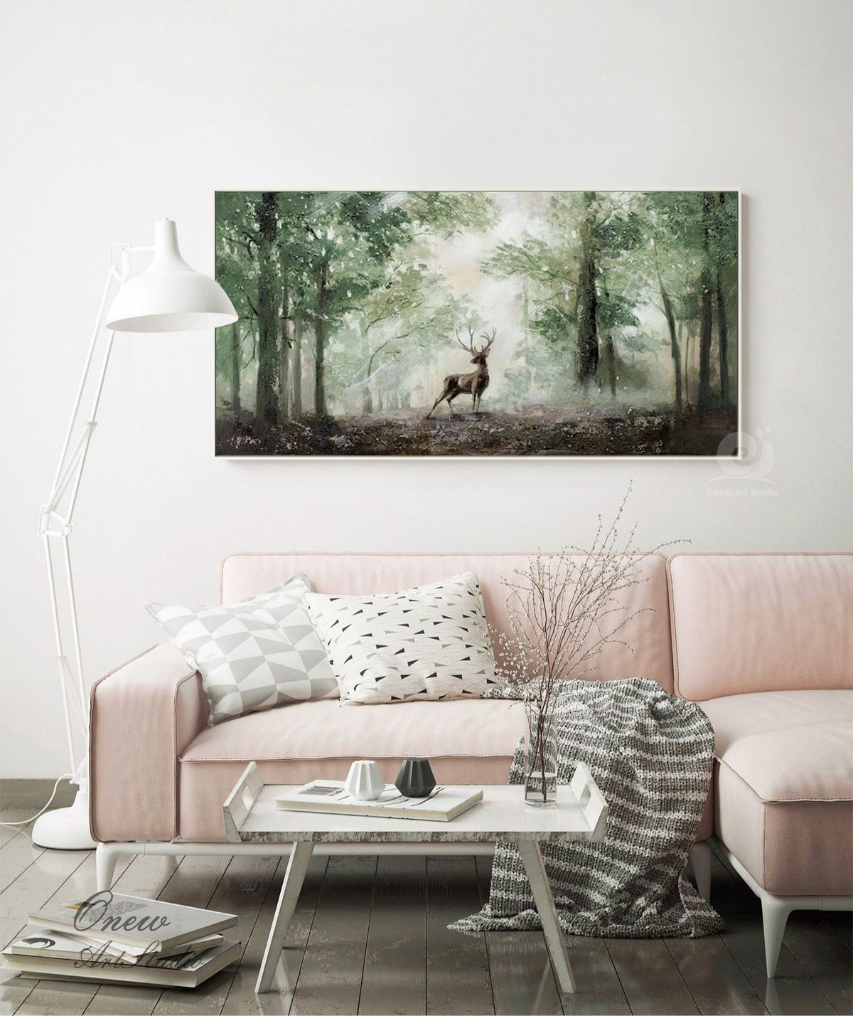 Impressionist Landscape Oil Painting on Canvas, Large Original Forest and Deer Canvas Wall Art,modern Tree and Stag Painting for Living Room