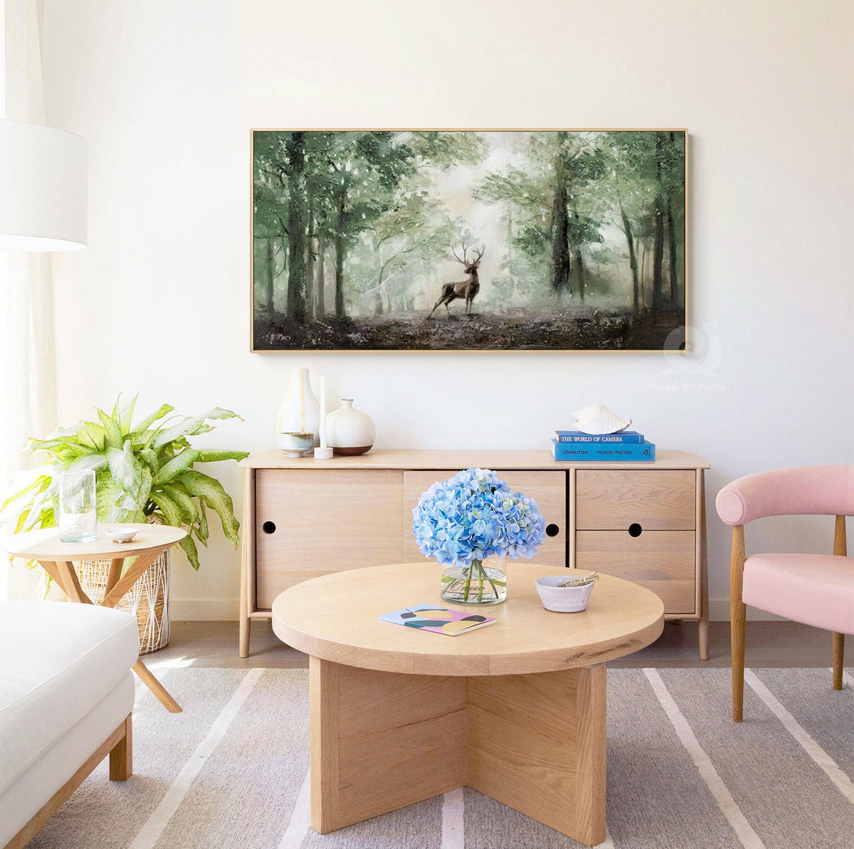 Impressionist Landscape Oil Painting on Canvas, Large Original Forest and Deer Canvas Wall Art,modern Tree and Stag Painting for Living Room