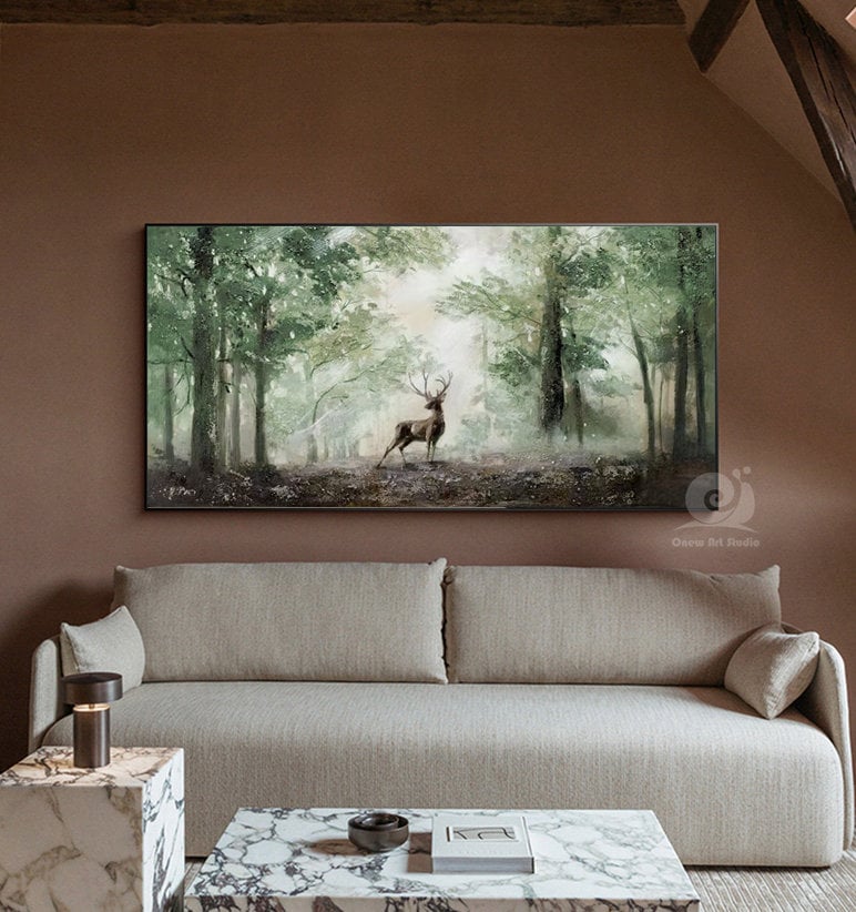 Impressionist Landscape Oil Painting on Canvas, Large Original Forest and Deer Canvas Wall Art,modern Tree and Stag Painting for Living Room