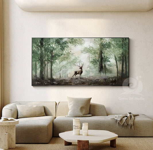 Impressionist Landscape Oil Painting on Canvas, Large Original Forest and Deer Canvas Wall Art,modern Tree and Stag Painting for Living Room