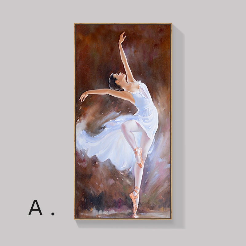 May include: A painting of a ballerina in a white tutu, dancing on a brown background.