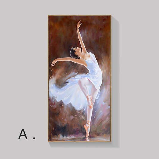 May include: A painting of a ballerina in a white tutu, dancing on a brown background.