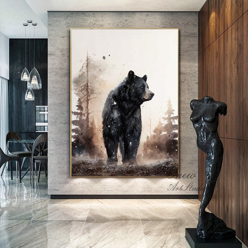 Large Abstract Black Bear Canvas Wall Art, Original Hand-painted Bear Oil Painting on Canvas, Modern Animal Painting for Living Room Bedroom